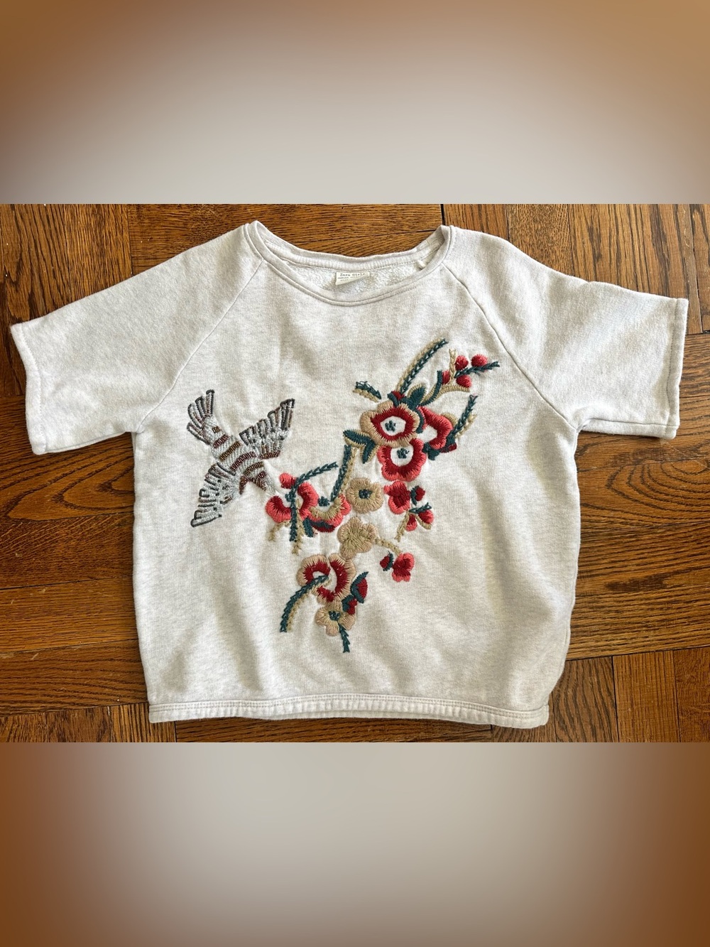 Zara Girls Embroidered Floral & Bird Short Sleeve Sweatshirt - Light Beige